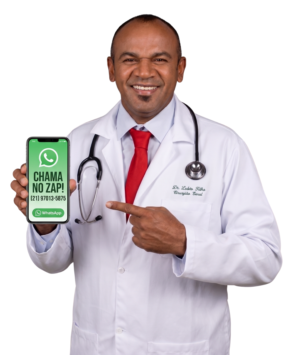 Dr. Lobão apontando para o celular com o WhatsApp da campanha